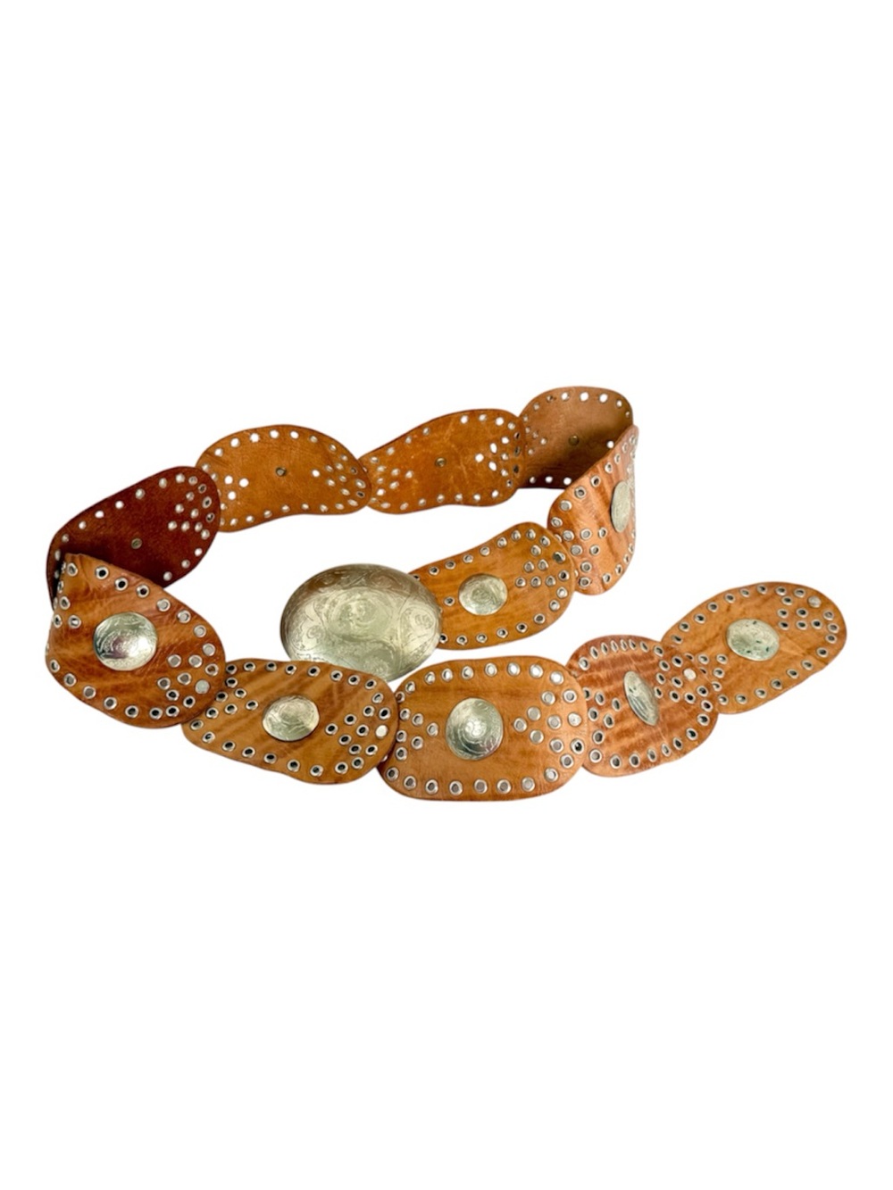 Vintage Chico's Boho Leather Concho Disc Belt Western Festival Statement
